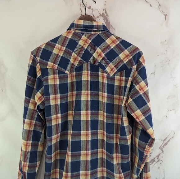 Vintage Levis Shirt Mens Small Blue Orange Plaid Pearl Snap 80s Workwear Cowboy - Picture 7 of 15